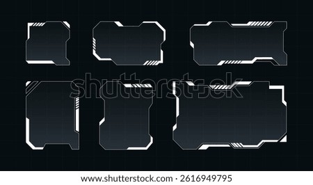 Futuristic HUD  frames in a high-tech sci-fi style on grid dark background. Collection for games, cyberpunk or UI UX design. Trendy vector illustration