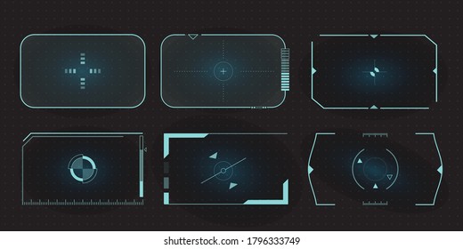 Futuristic HUD frames for target screen and border aim control panel. Screen elements set of Sci Fi User Interface for Gaming UX UI.