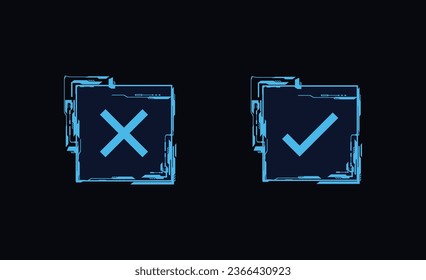 Futuristic Hud game frames, square shape borders with tick and cross signs accept or not. Vector digital tech information call bars. Buttons menu target boards for gui interface