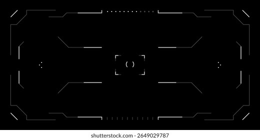 Interface futurista do jogo HUD com camada de tecnologia cyberpunk e elementos holográficos. Tela tática com retículo de destino, efeitos de falha e layout digital sci fi. Painel de controle de vetor para visualização de VR ou drone.