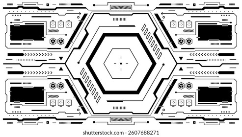a futuristic hud graphic user interface (GUI) element with geometric patterns and data visualization tools. A clean and modern design with a sci-fi aesthetic, perfect for technology-related projects