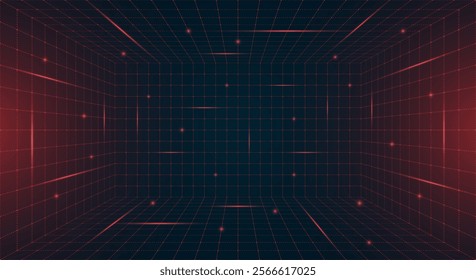 Futuristic HUD grid box featuring abstract wireframe design. Red dotted grid lines on dark blue background. Virtual reality landscape inspired retro 80s 90s digital aesthetic for modern nostalgic look