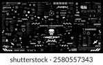 Futuristic HUD interface, big set in cyberpunk style, data panels, glitch effects, HUD, UI, UX, high-tech graphic elements. Vector set for interface design. Translation from Japanese - cybernetics