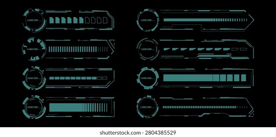 Futuristic hud interface with circular indicator, loading progress bar and digital elements, abstract vector icons isolated on black bsckground. Modern tech dashboard, neon green screen design