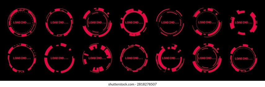 Futuristic hud interface with circular loading progress indicator and digital elements, abstract vector icons isolated on black bsckground. Modern tech dashboard, neon red screen design for game ui