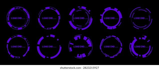 Futuristic hud interface with circular loading progress indicator and digital elements, abstract vector icons isolated on black bsckground. Modern tech dashboard, neon purple screen design for game ui