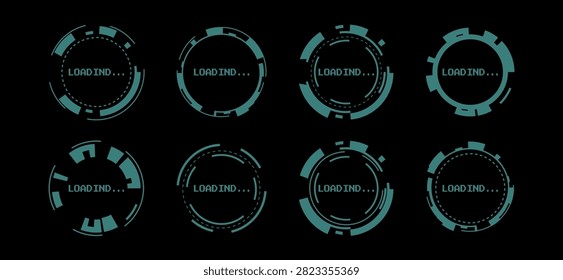 Futuristic hud interface with circular loading progress indicator and digital elements, abstract vector icons isolated on black bsckground. Modern tech dashboard, neon green screen design for game ui