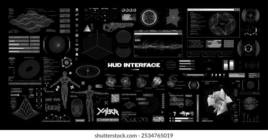 Coleção de interface HUD futurista, com objetos 3D, wireframes, gráficos, formas geométricas. hologramas GUI wireframes, estilo poligonal, objetos 3D e HUD, UI, elementos de jogos. Conjunto gráfico vetorial de ficção científica