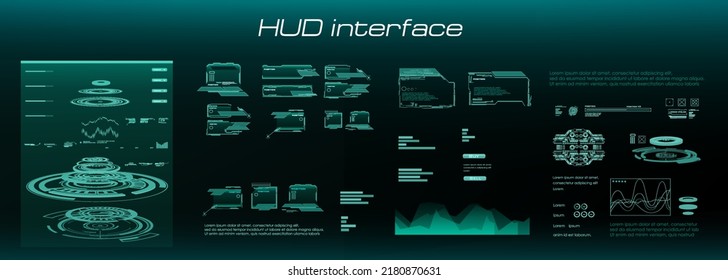 Futuristic HUD interface. Custom panel with portal hologram and object scanning feature. Virtual graphical user interface for video games