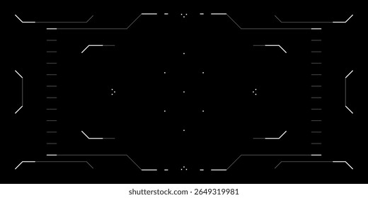 Interface de HUD futurista com elementos cyberpunk. A sobreposição de tecnologia apresenta retículo reluzente, radar, quadros de dados e visualização FPV. GUI digital para drone, jogo ou tela de vídeo sci fi. Design circular limpo.