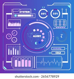 Futuristic HUD Interface with Data Analytics and System Alert - High-Tech Digital Dashboard.