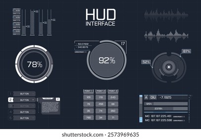 Futuristic HUD interface elements with blue glowing accents.