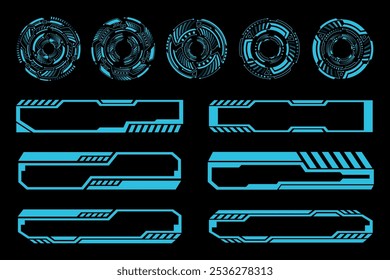 Futuristic HUD Interface Elements Cyberpunk. Sci-Fi Tech Circles and Panels Vector Illustration
