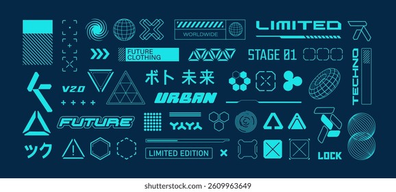 Futuristic HUD Interface elements and Cyberpunk signs for Urban Fashion Clothes set 2. Abstract Cyberpunk and Hi-Tech signs and Y2k logo set for apparel print design. Retro Futuristic japan style