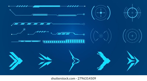 Futuristic HUD interface elements with digital sci-fi arrows and crosshairs