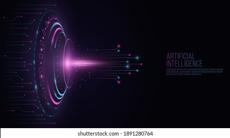 Futuristic HUD interface elements with glowing circular computer circuit board. Glare and flare. Artificial intelligence concept. Technology background. UI and Sci-fi design. Vector illustration. EPS 10