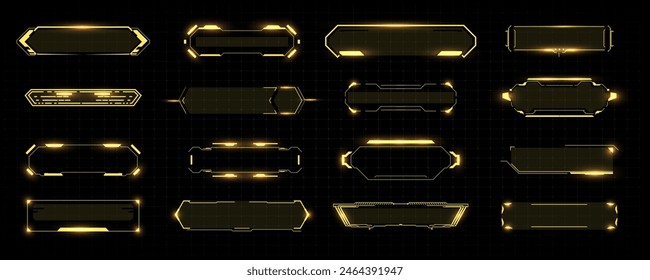 Futuristic HUD Interface Elements - Neon Yellow Glowing Frames on Black Background. Digital Sci-Fi Panels for UI Design in Vector illustration