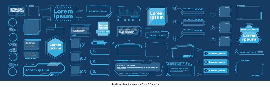 Futuristic hud interface elements set. Sci-fi tech ui frames and gaming stream overlays vector illustration. HUD elements set isolated on transparent.