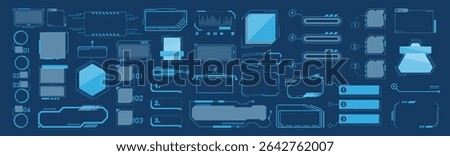 Futuristic hud interface elements set. Sci-fi tech ui frames and gaming stream overlays vector illustration. HUD elements set isolated on transparent.
