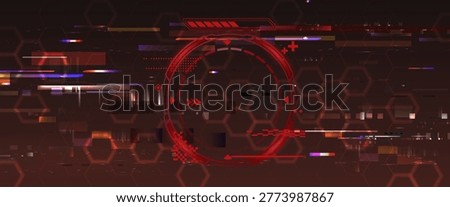 Futuristic HUD interface frame with glitch effect on red warning display background. Vector realistic illustration of cyberpunk data breach screen, abstract neon tech wallpaper, hacker attack concept