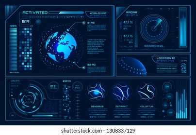 Futuristic hud interface. Future hologram ui infographic, interactive globe and cyber sky fi screen. Technology futurist car graphics interface display, vr game panel vector background illustration