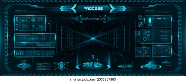 Interface de HUD futurista, elementos gráficos vetoriais de UI do jogo. Telas holográficas do futuro painel de tecnologia com painel de controle virtual, gráficos e mapas. Interface de exibição de cabeça para cima futurista do jogo espacial