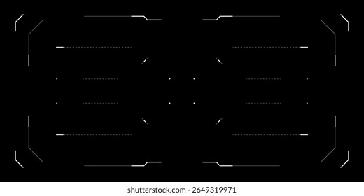 Futuristic HUD interface with glitchy tech UI for drone or sci fi game. Circular radar, target reticle, FPV layout and digital data overlay. Cyberpunk display with tactical and military elements.