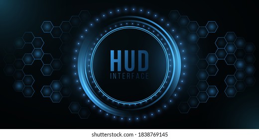Futuristic HUD interface and glowing hexagonal pattern. System data. Modern UI display. High-tech panel. Glowing sci-fi elements. Volumetric honeycomb cyber background. Vector illustration. EPS 10