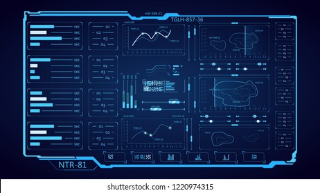 Futuristic HUD interface. The interface on the dashboard of a spaceship. Infographics. UI elements. Touch panel. Information graphics and data.