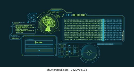 Futuristic HUD interface for radio telescope data decoding.