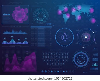 Interfaz de hud futurista. Futuro vector tecnológico de la ciencia ui con elementos infográficos. Interfaz digital vectorial, pantalla futurista con ilustración de holograma virtual
