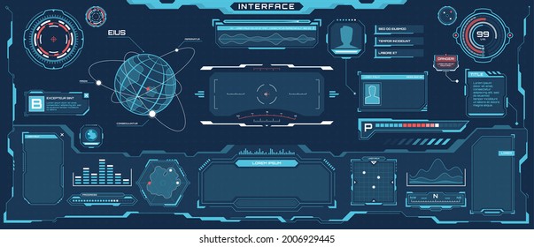 Interfaz de hud futurista. Diseño de pantalla de comunicación virtual Sci-fi. Pantalla holográfica digital, plantilla vectorial del panel de control de la nave espacial. Barras, títulos, panel y ventana con información