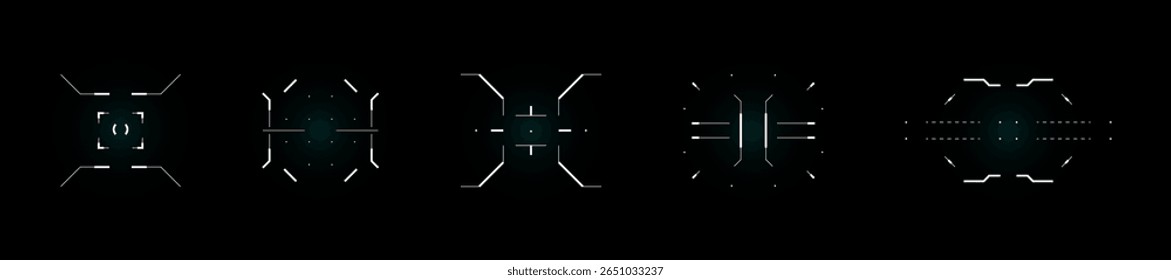 Futuristic HUD interface with target focus, compass and crosshair icons. Digital tech vector set for sci fi UI, game display, radar screen or control panel. Blue cyber elements and data graphics.