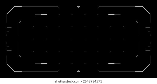 Interface de HUD futurista com elementos de sobreposição de tecnologia. Tela de interface de usuário estilo Cyberpunk com quadro holográfico, efeitos de falha e retículo alvo. Perfeito para o jogo, imagens de ficção científica ou drone dashboard eps design
