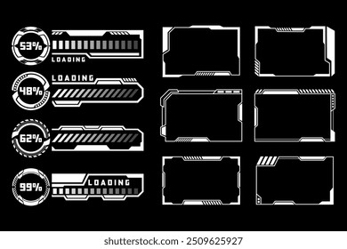 Barras de carregamento de HUD futurista e quadros de interface. Elementos de design de tecnologia Cyberpunk