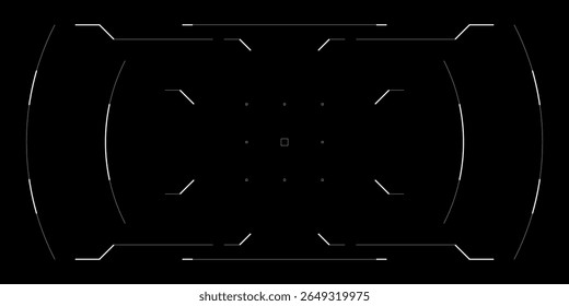 Futuristic HUD overlay with circular tech UI for drone, VR or cyberpunk game interface. Sleek sci fi frame with digital elements, radar, glitch effects and tactical data on clean black background.