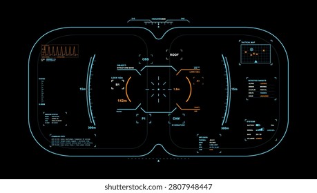 Futuristic HUD overlay screen template. Sci-fi military helmet UI display for games, Head up display in cyberpunk style. GUI, HUD helmet or drone cam view. Futuristic Military Interface. Vector ui