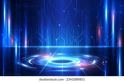 Futuristic HUD portals, holograms teleport on high tech futuristic technology background. Hologram podium in cyberspace. Sci-fi digital hi-tech in glowing HUD projector for presentation. Vector EPS10.