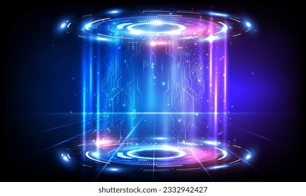 Futuristic HUD portals teleports or hologram podium digital circuit concept. Fantastic portals, holograms teleport gadgets. Sci-fi digital hi-tech in glowing HUD projector for presentation. Vector.