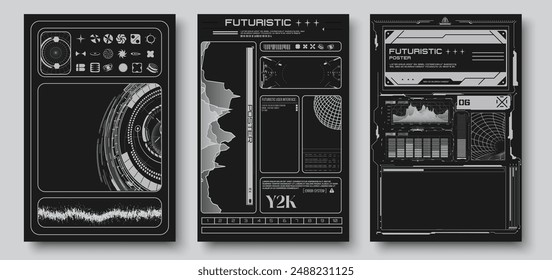 Futuristic HUD Poster Set, User Interface Design. Isolated Vector Black and Gray Sci-Fi UI Elements, Symbolizing Technology, and Innovation Concepts for Tech Projects. Grunge planet posters. Vector