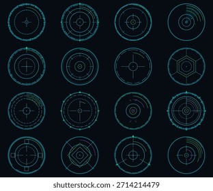 Futuristic HUD radar aim interface set with circular digital targets crosshairs and scanning UI elements on dark background