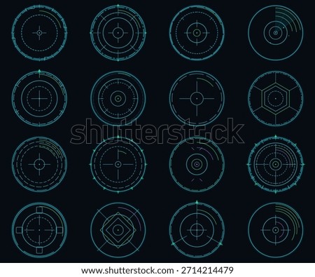Futuristic HUD radar aim interface set with circular digital targets crosshairs and scanning UI elements on dark background