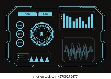 Futuristische HUD Sci-Fi UI mit Tech Dashboard und Waveform Hologram Interface