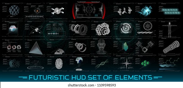 Futuristic HUD set of elements. 3D Set abstract HUD elements for UI UX design. Statistic and data, information infographic. Futuristic Sci-Fi user Interface for app Mechanical scheme HUD