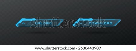 Futuristic HUD Style Blue Upload Button and Download Button, Web App UI Interface Design, Sci-Fi Tech Theme, Neon Glowing Elements