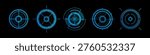 Futuristic HUD target interface with circular radar display, abstract vector set of icons isolated on black background. High-tech neon blue graphic elements for sci-fi games, military system