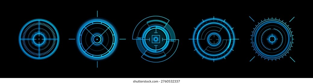Futuristic HUD target interface with circular radar display, abstract vector set of icons isolated on black background. High-tech neon blue graphic elements for sci-fi games, military system