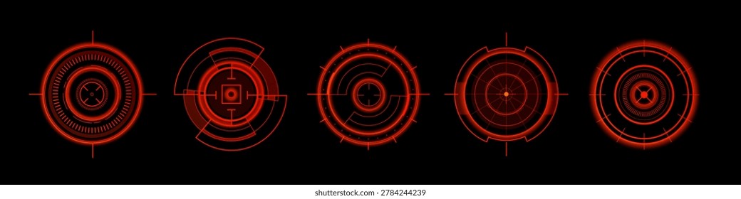Futuristic HUD target interface with circular radar display, abstract vector set of icons isolated on black background. High-tech neon red graphic elements for sci-fi games, military system