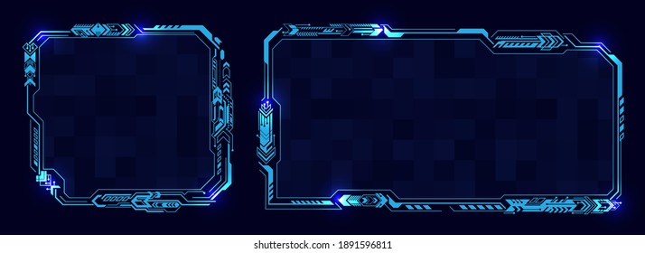 Futuristic hud technology interface. Abstract virtual cyber control display. Virtual reality Panel. Digital info boxes layout templates. High tech screen for your presentation. Sci-fi frame design.