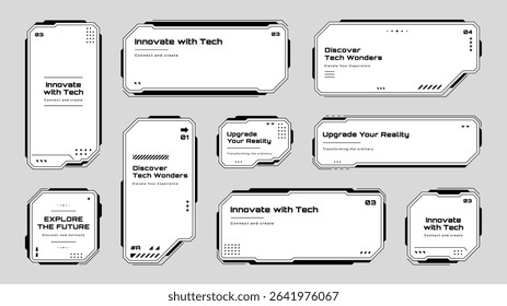 Futuristic hud text box frame with a variety of digital data displays, ideal for gaming and tech interfaces. Vector graphics.